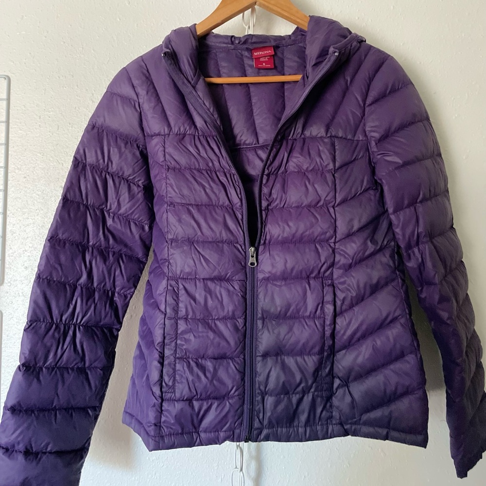 Purple Quilted Down Feather Puffer Jacket with Hood